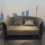 Warm Sand Leather Sofa Set with Natural Wood Veneer & Curved Silhouette